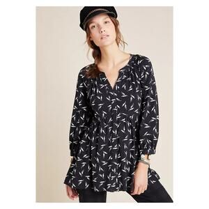 Anthropologie Maeve Winona Babydoll Printed Long Sleeve Tunic Top S Black